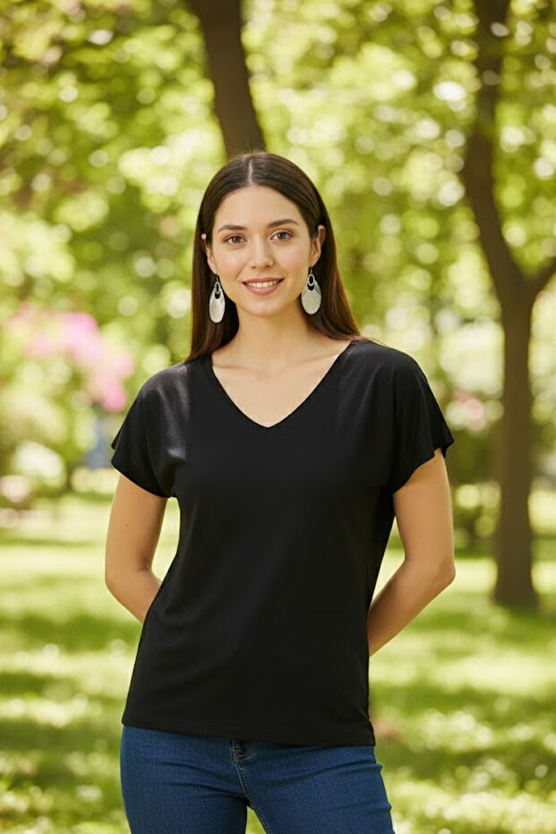 Kadın Siyah Basic Viskon Tişört - 5