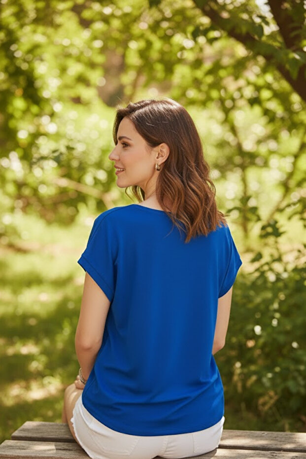 Kadın Mavi Basic Viskon Tişört - 4