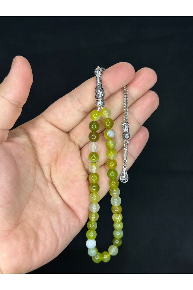 Special Gift for Your Loved One: Light Green Agate Bead Tesbi̇h with a Round Cut, Natural Stone, H-1498.