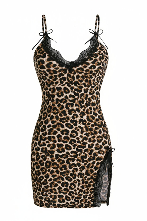 Kadın Leopar Desenli Yırtmaçlı Dantelli ve Fiyonklu Şık Gecelik Takımı - 1