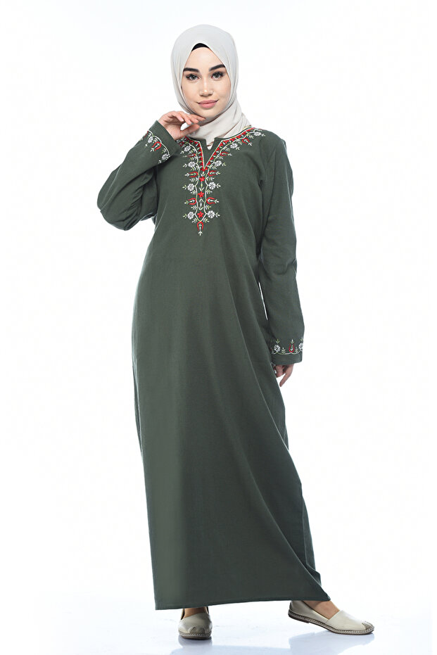 Şile fabric embroidered dress 0074-01 khaki