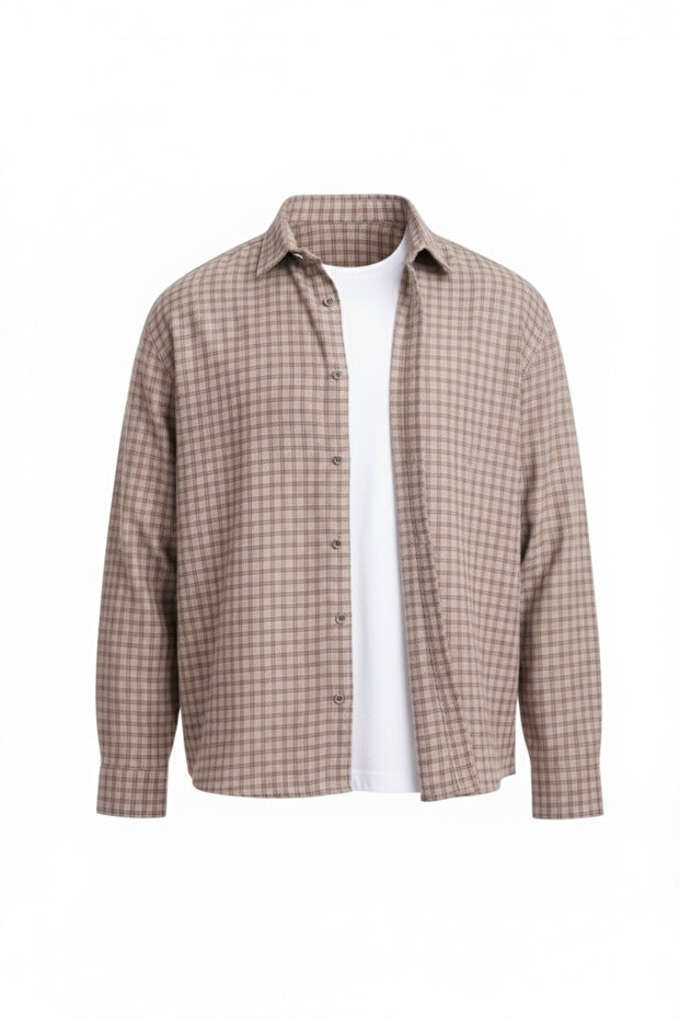 Alfonso Plaid Large Check Relaxed Fit 100% Cotton Flannel Fabric Men's Shirt - Beige