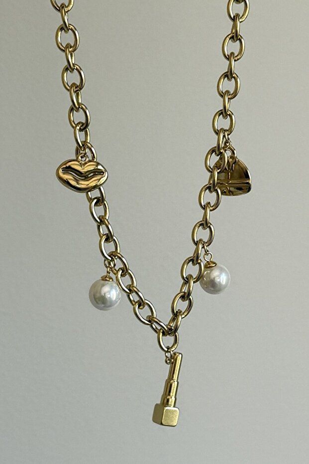 Golden Charms & Pearls Steel Necklace