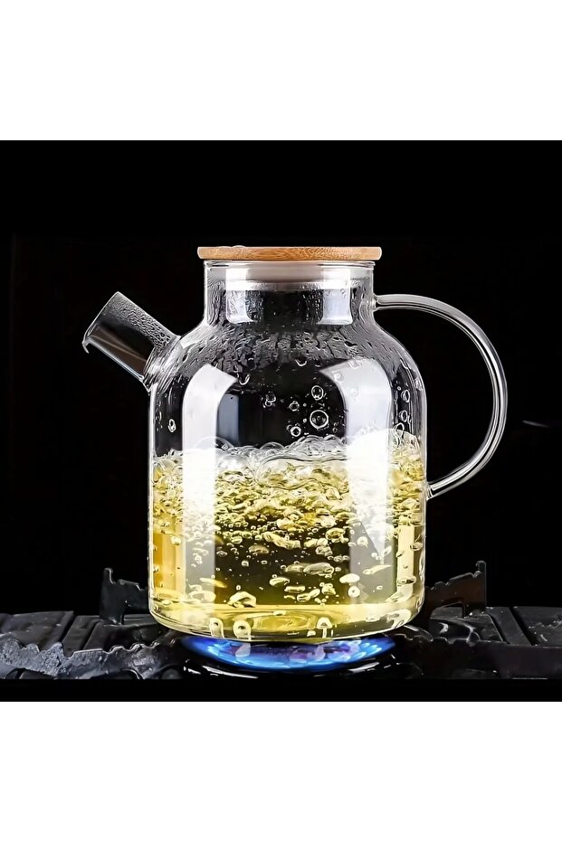 Heat Resistant Borosilicate Glass Teapot Pitcher – Bamboo Lid, with Strainer, Cold & Hot