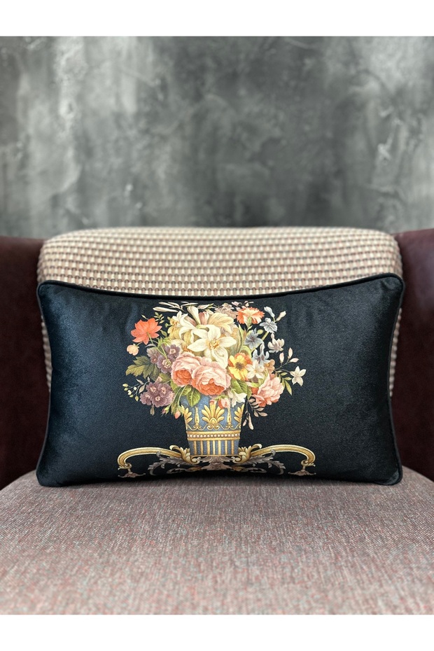 Silk Velvet Damask Black Pattern 30x50cm Throw Pillow Cover
