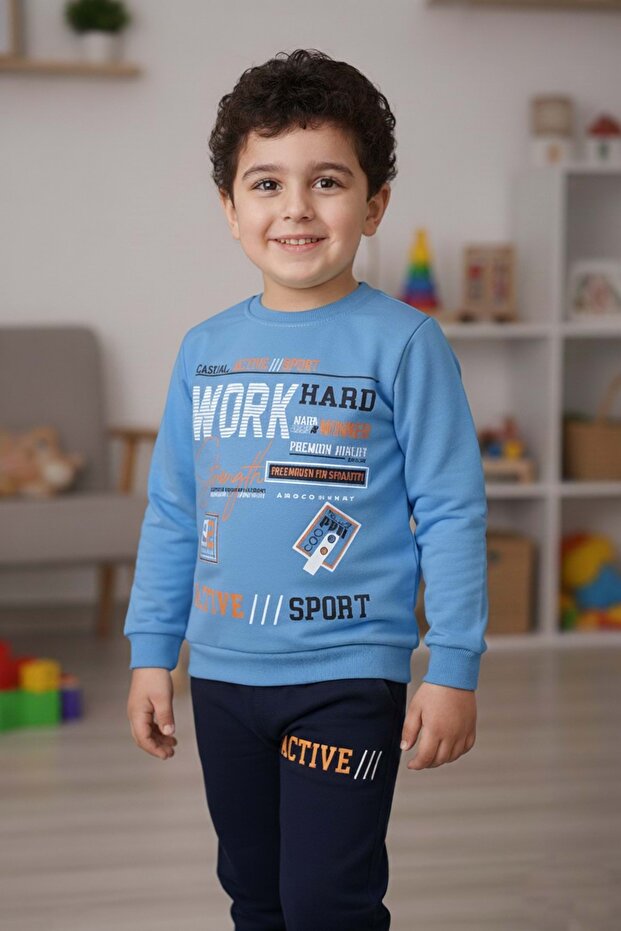 Boy's Tracksuit - Mnk3112 Cobalt Blue, Printed