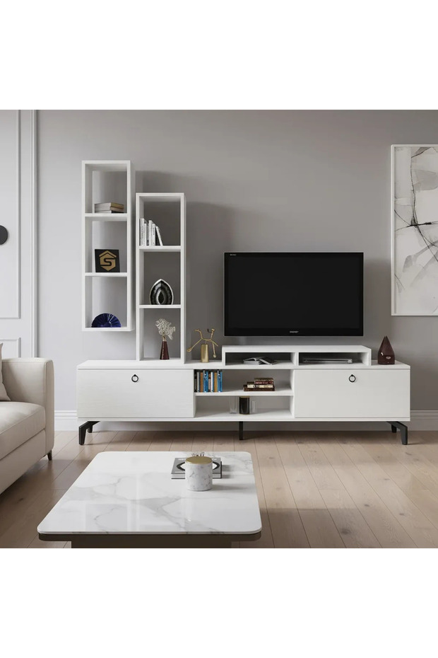طاولة ومكتبة تلفزيون مودرن أبيض - TV21