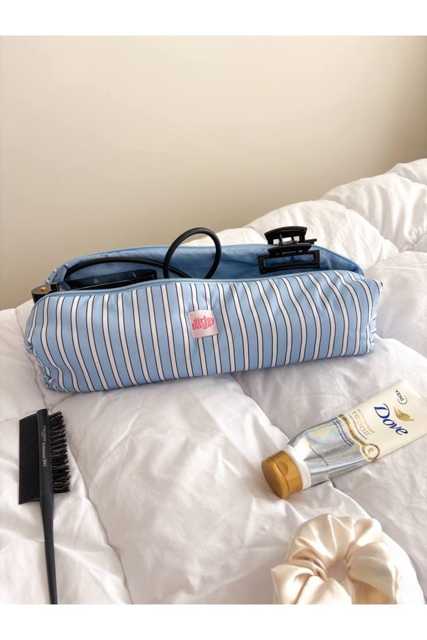 Blue Striped Hair Curler Straightener Bag Fiber-Filled Travel Bag for Airwrap Airstrait