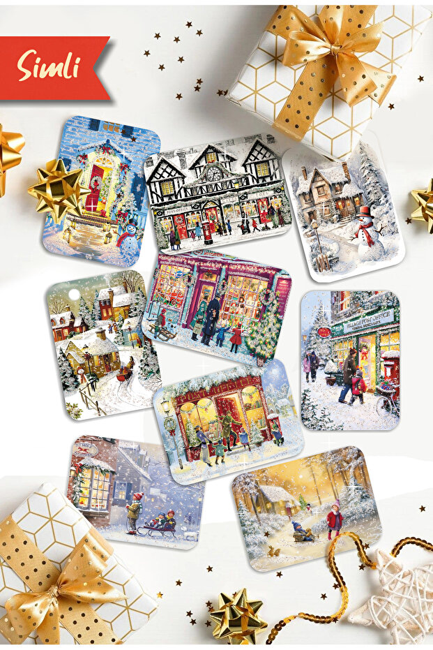 9-Piece Glittery New Year Postcard Set New Year Winter Scenery Nostalgia