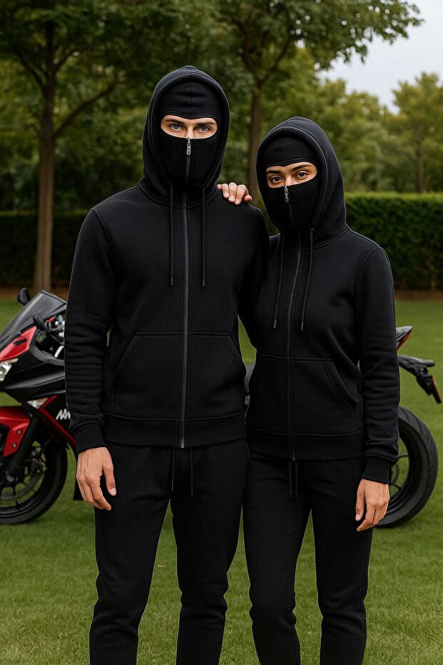 طقم بدلة رياضية شتوية سميكة من القطن الأساسي بثلاث خيوط مع سحاب - 5