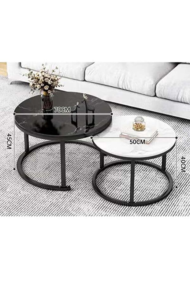 2 Pieces Table Set, Round Nesting Storage Coffee Tables with Open Shelf Simple Marble Design for - 2