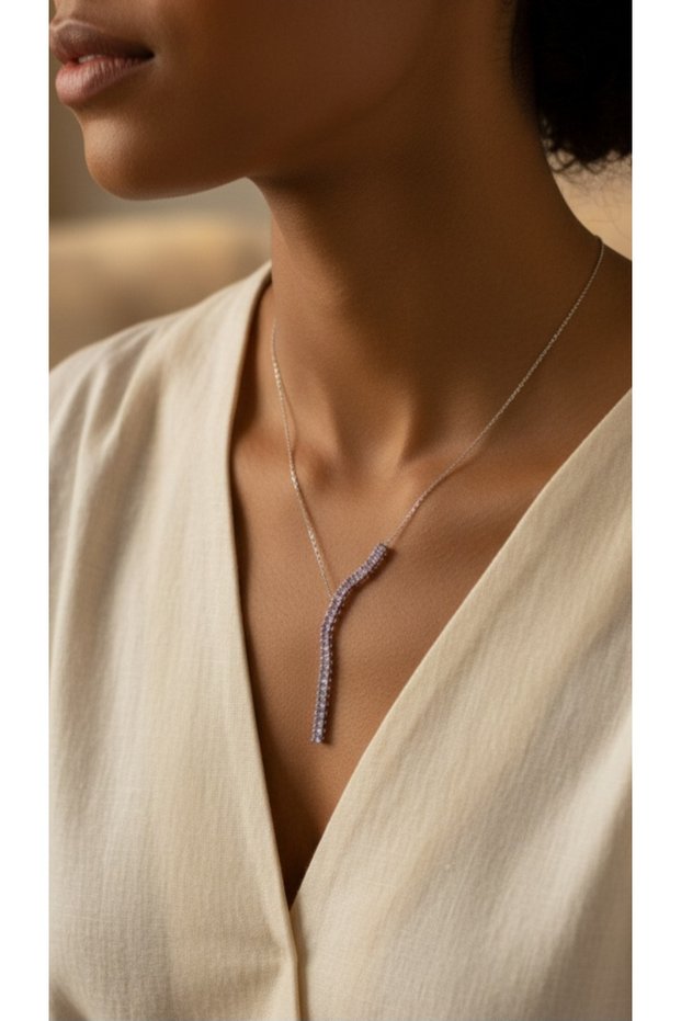 Zircon Stone Y Necklace Colorful Waterway Pendant Stainless Steel