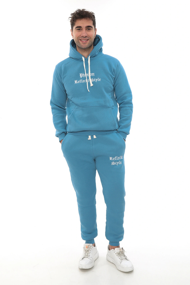 Light Blue Turquoise Men's Tracksuit Set with Fleece Inside, Elasticated Legs, Pockets, K Hooded Embroidery Detailed Set