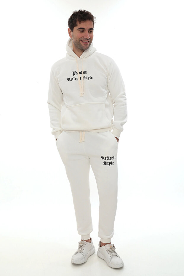 White Stylish Men's Tracksuit Set with Fleece Inside, Elasticated Legs, Pockets, K Hooded Embroidery Detail, Compact Set