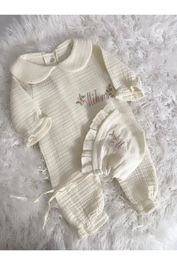 Muslin Embroidered Jumpsuit Bonnet Beret