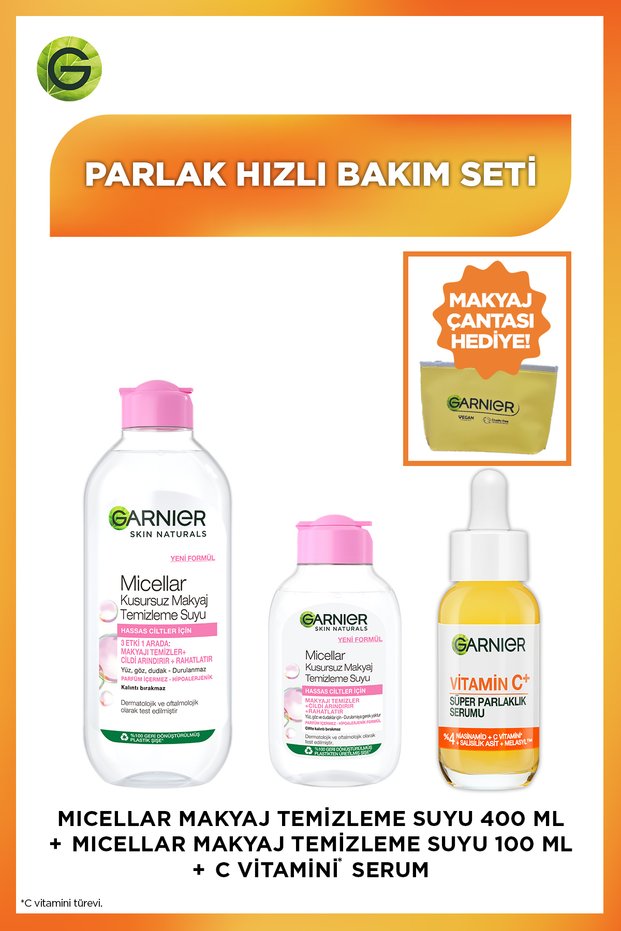 Bright Care Set - Vitamin C Serum & 100 ml Micellar & 400 ml Micellar & Makeup Bag Gift