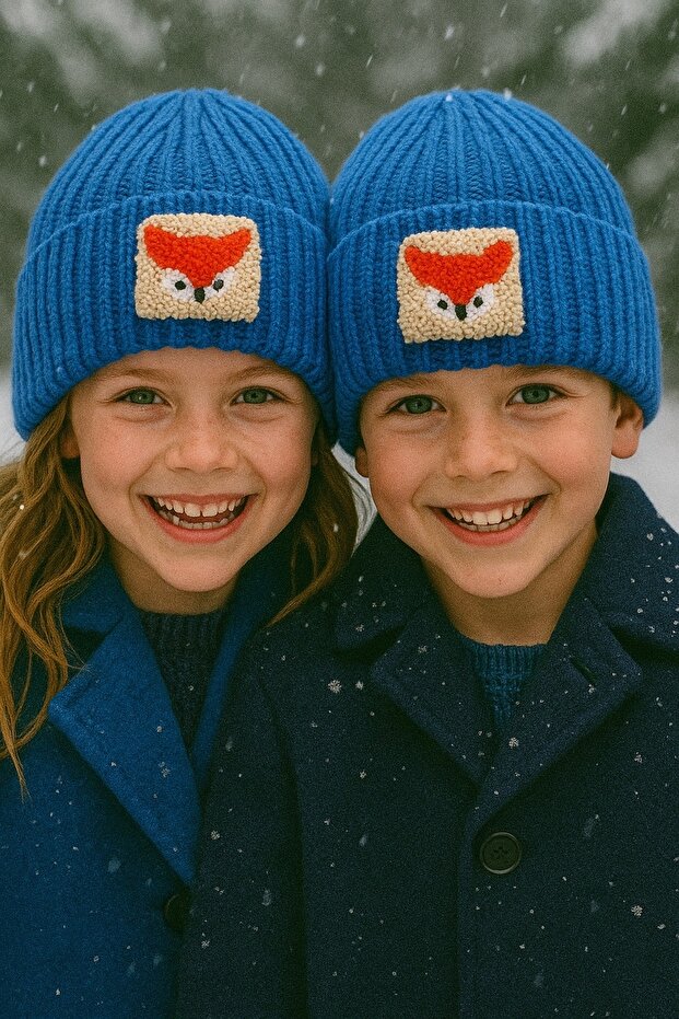 Blue Wool Children's Beret with Fox Punch, Christmas Birthday Gift