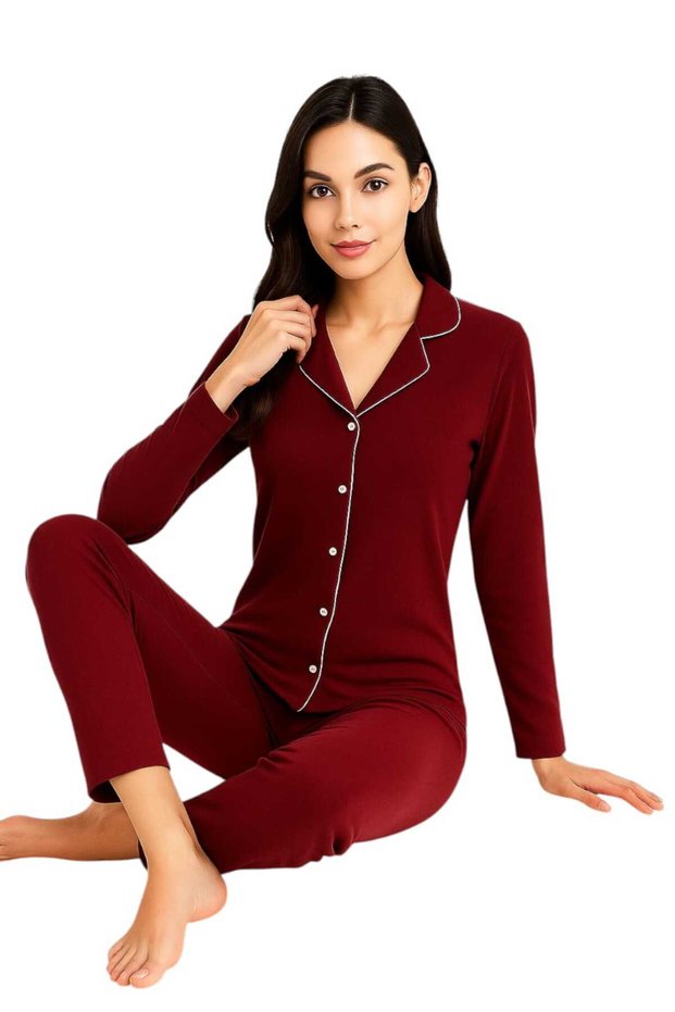 Women's Burgundy Color Ribbed Cotton Long Sleeve Shirt Pajama Set