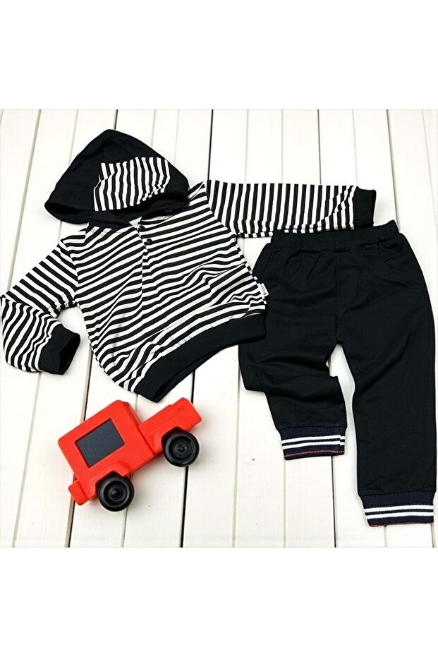Hooded Striped Bottom Top Set Black