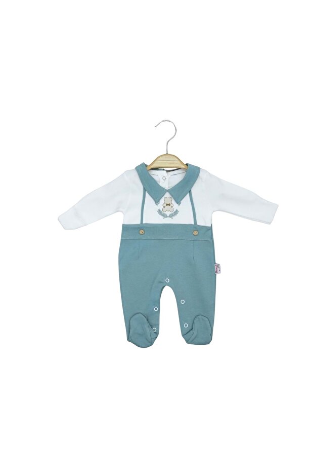 Button-Detail Bear-Embroidered Two-Thread Tulle Jumpsuit with Foot Covers Mint Green