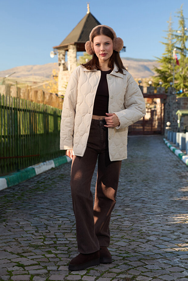 Water Wave Patterned Quilted Oversized Buttoned Coat - 6