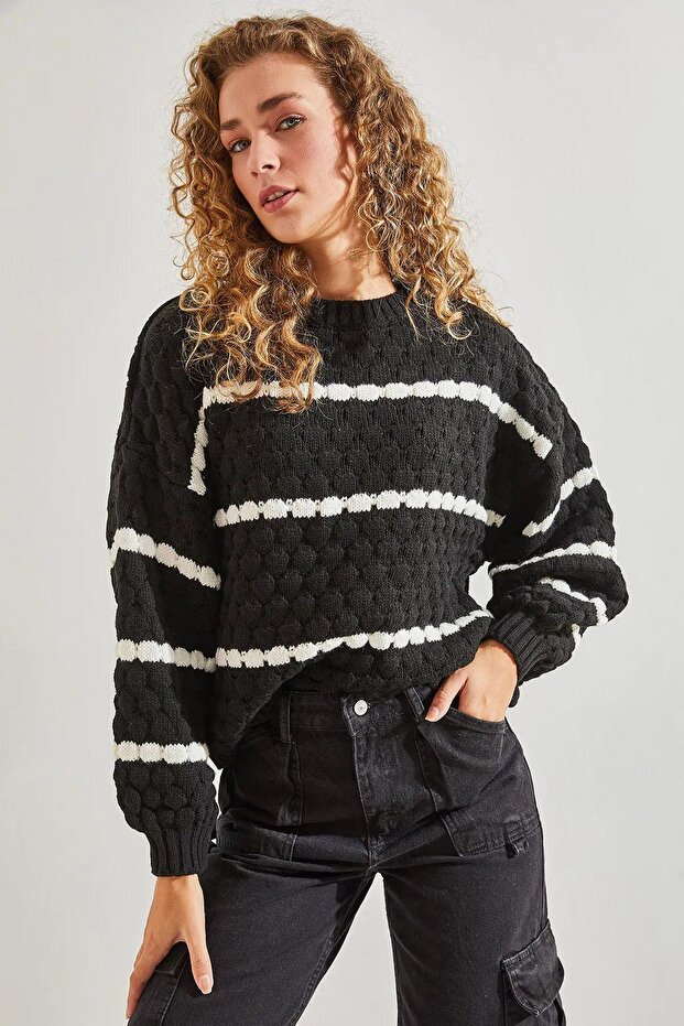 Women's Striped Balloon Sleeve Honeycomb Knitted Sweater