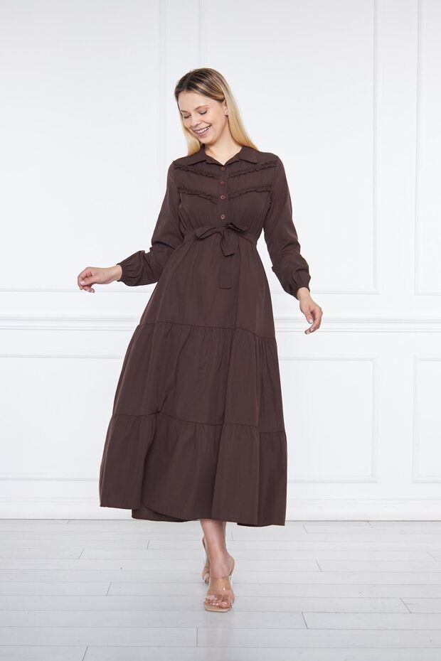 Rochie lungă maro elegantă, pliată, pliată - 3