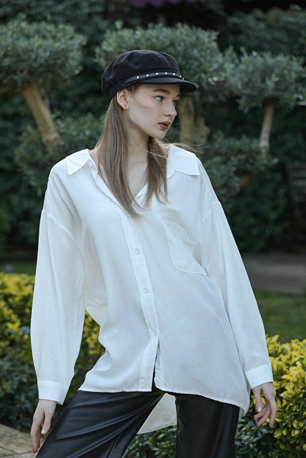 Kadın Beyaz Owersize Uzun Basic Gömlek - 5