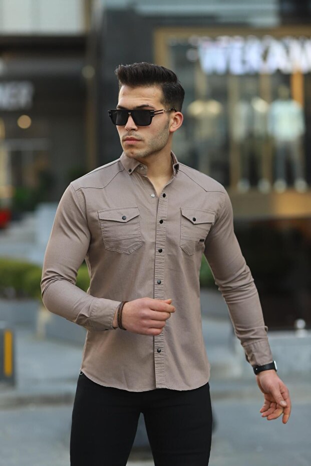 Men's Slim Fit Double Pocket Denim Shirt