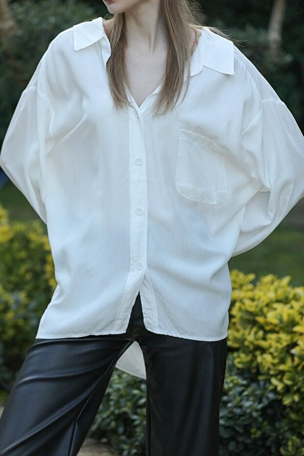 Kadın Beyaz Owersize Uzun Basic Gömlek - 2