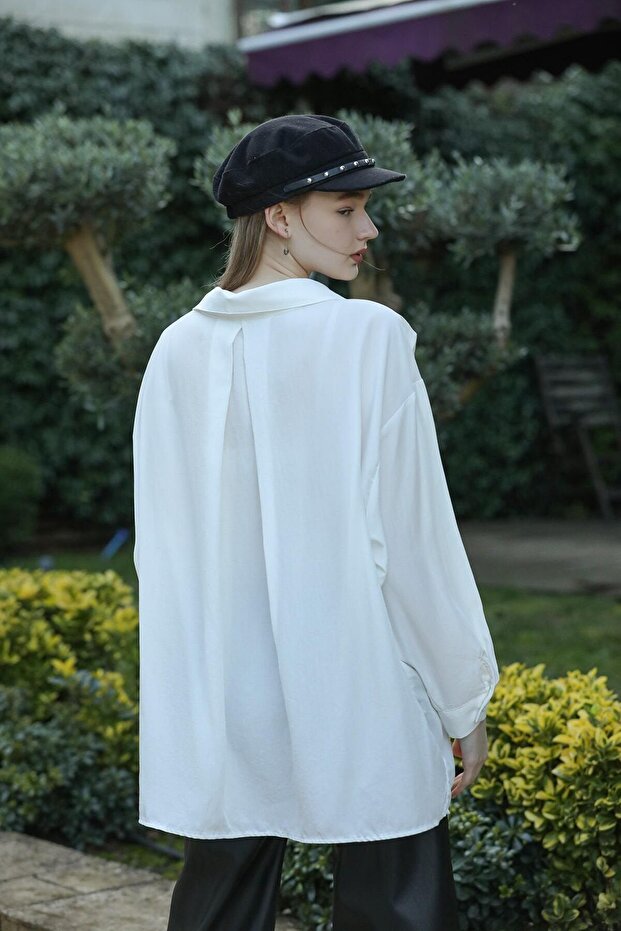 Kadın Beyaz Owersize Uzun Basic Gömlek - 6