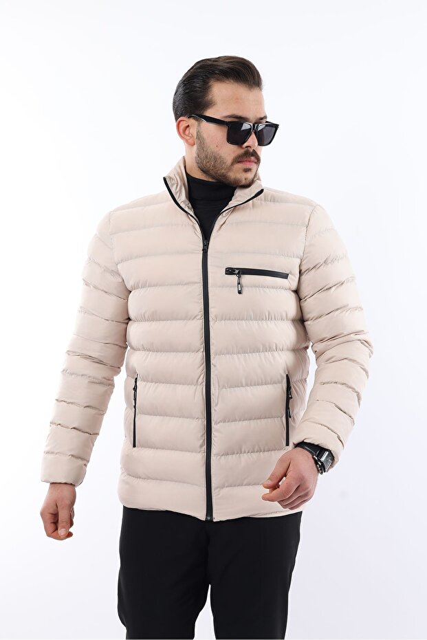 Jachetă puf elegantă, crem, la modă, cu fermoar - 3