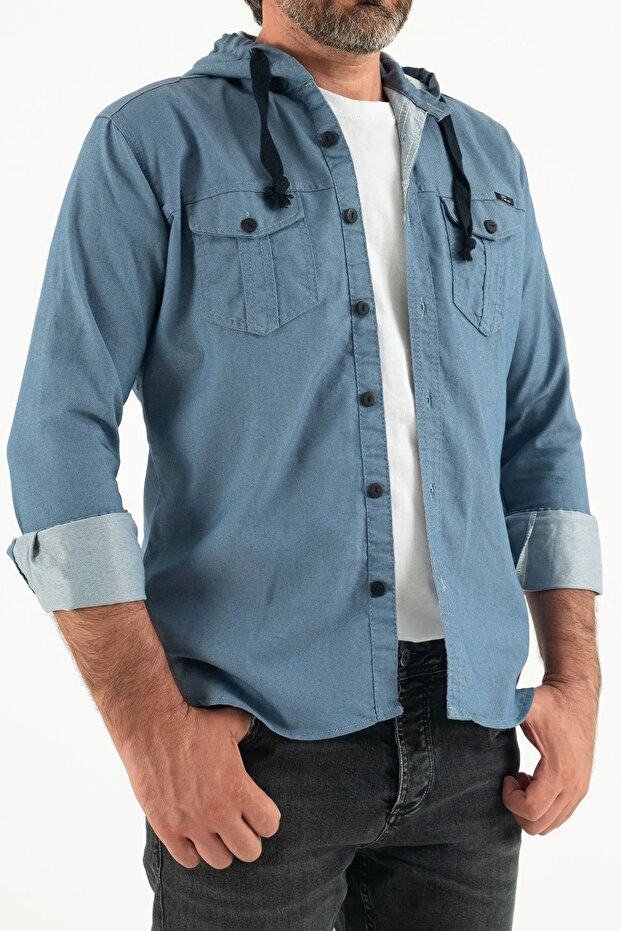 Erkek Slim Fit Dar Basic Kapüşonlu Mavi Kot Gömlek - 5