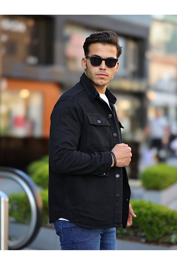 Erkek Oversize Kapak Cep Basic Bol Siyah Kot Gömlek - 3