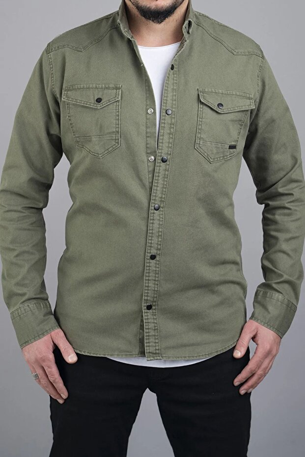 Men's Slim Fit Double Pocket Denim Shirt