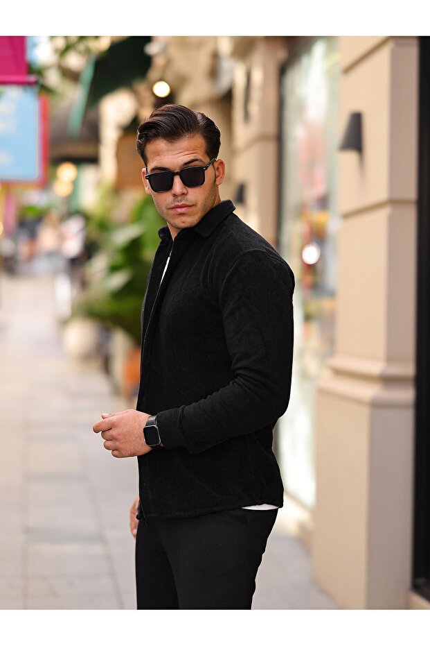 Erkek Basic Uzun Kol Dar Pamuklu Siyah Polar Gömlek - 3