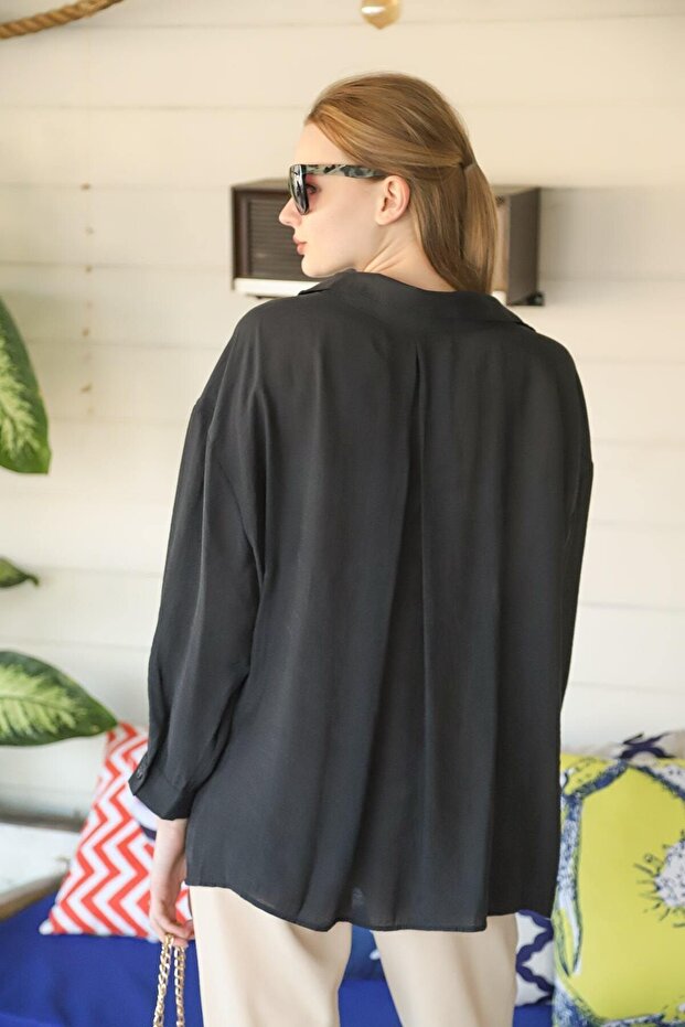 Kadın Siyah Owersize Uzun Basic Gömlek - 6