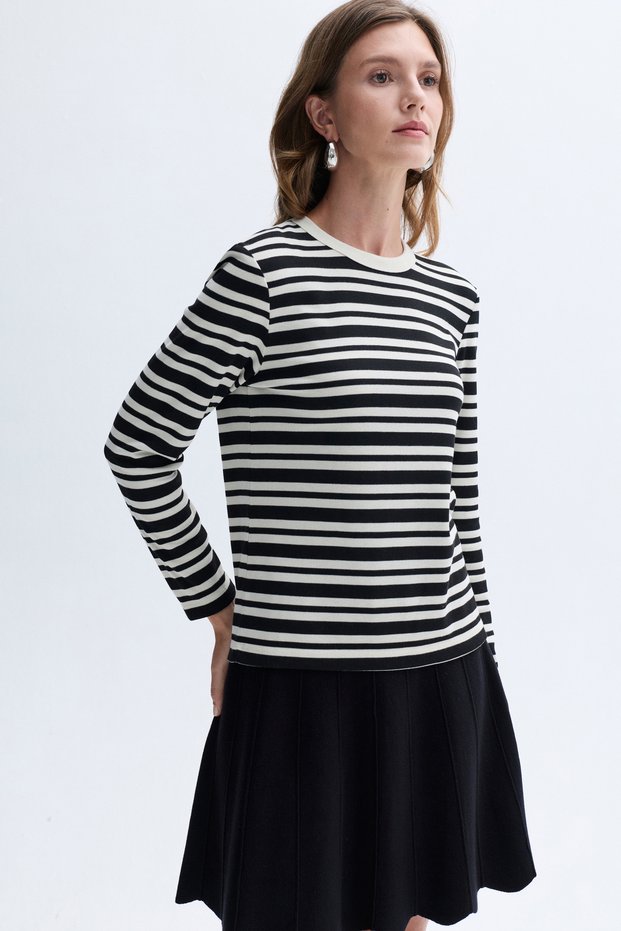 Women's Black Striped Crew Neck Long Sleeve T-Shirt