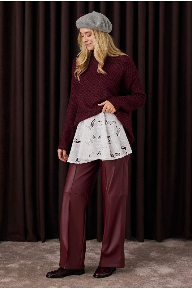 Örümcek Örgülü Kazak Bordo - 5