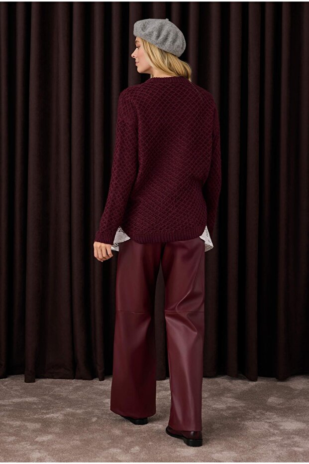 Örümcek Örgülü Kazak Bordo - 6