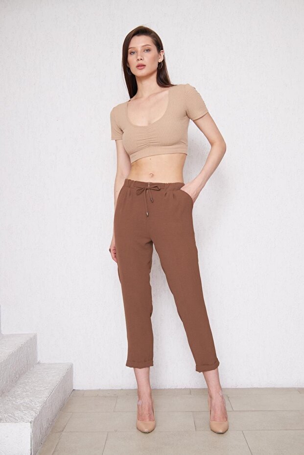 Women's Elastic Waist Aerobin Double Leg Brown Trousers