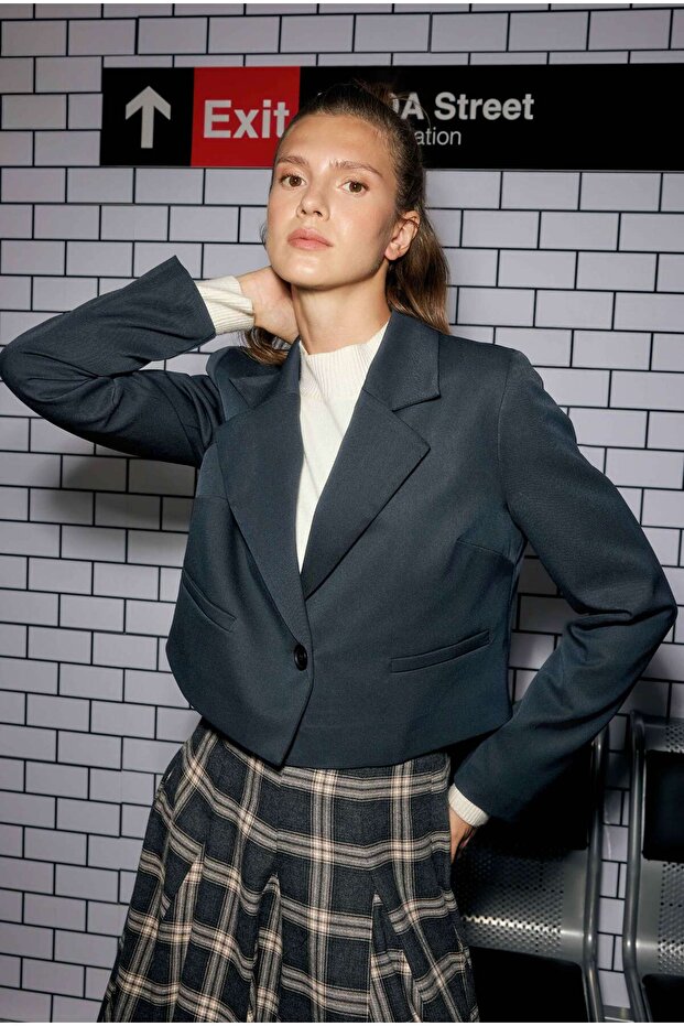 Crop Blazer Jacket Dark Navy Blue