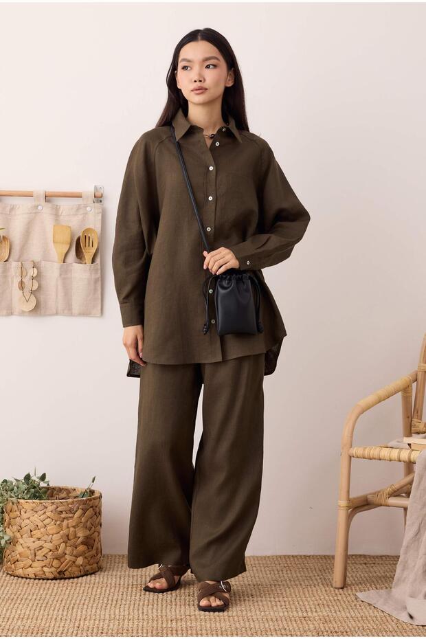 Pileli Basic Keten Pantolon Fındık - 4