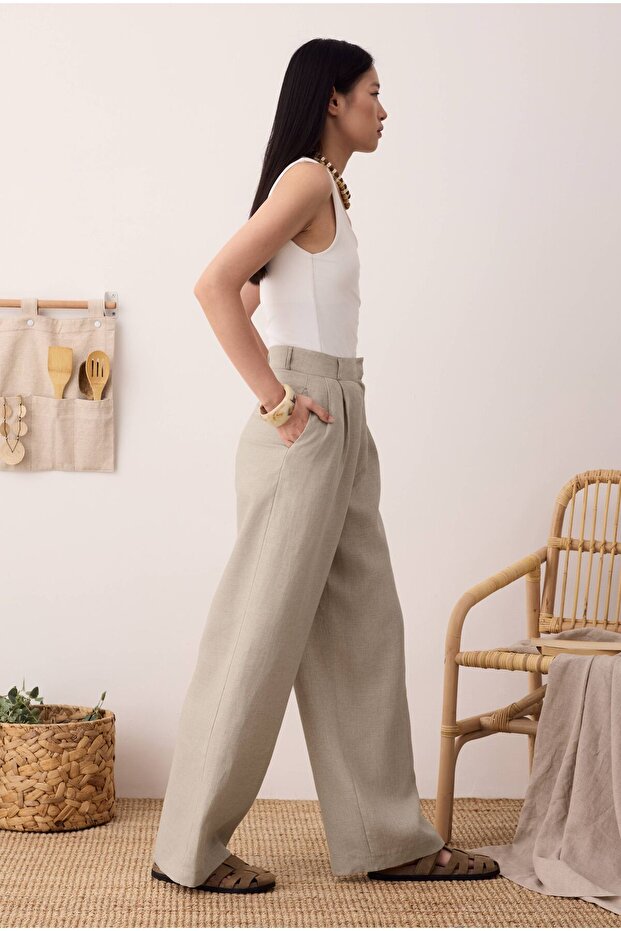 Pileli Basic Keten Pantolon - 4