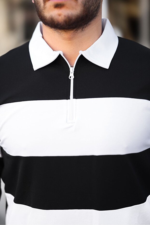 Erkek Yarım Fermuarlı Çift Renkli Basic Siyah Sweat - 2