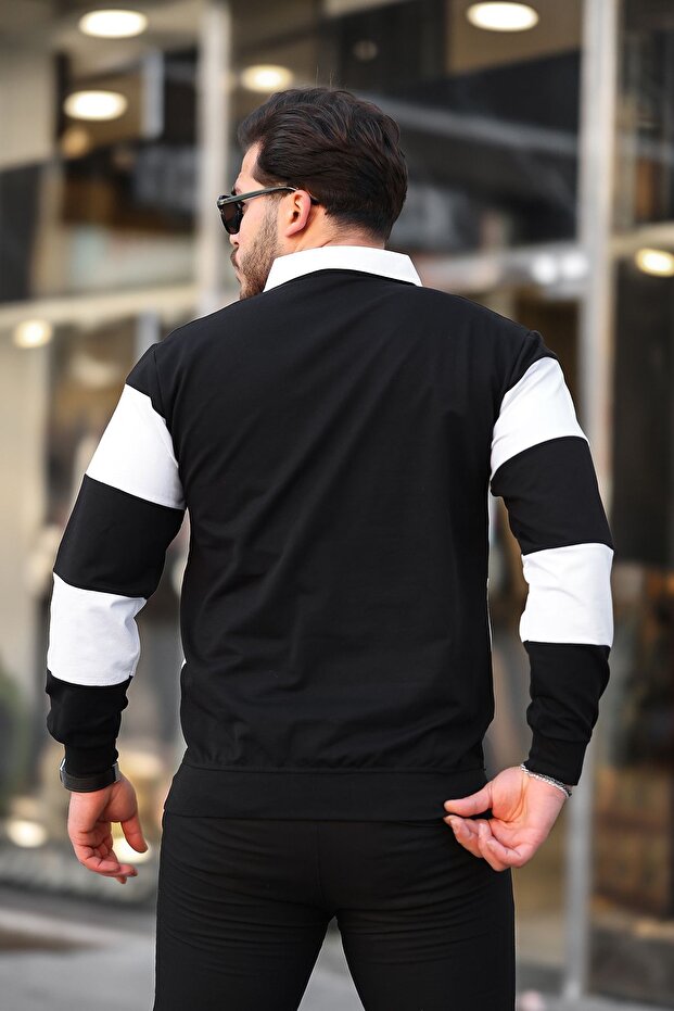 Erkek Yarım Fermuarlı Çift Renkli Basic Siyah Sweat - 4