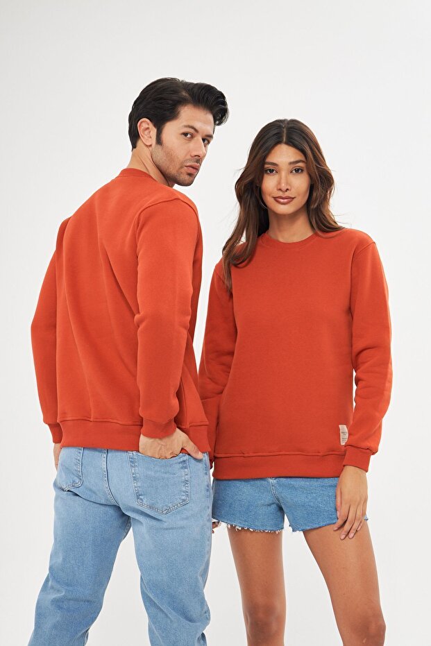 Unisex Basic Bisiklet Yaka Kalın Kışlık Oranj Sweat - 3