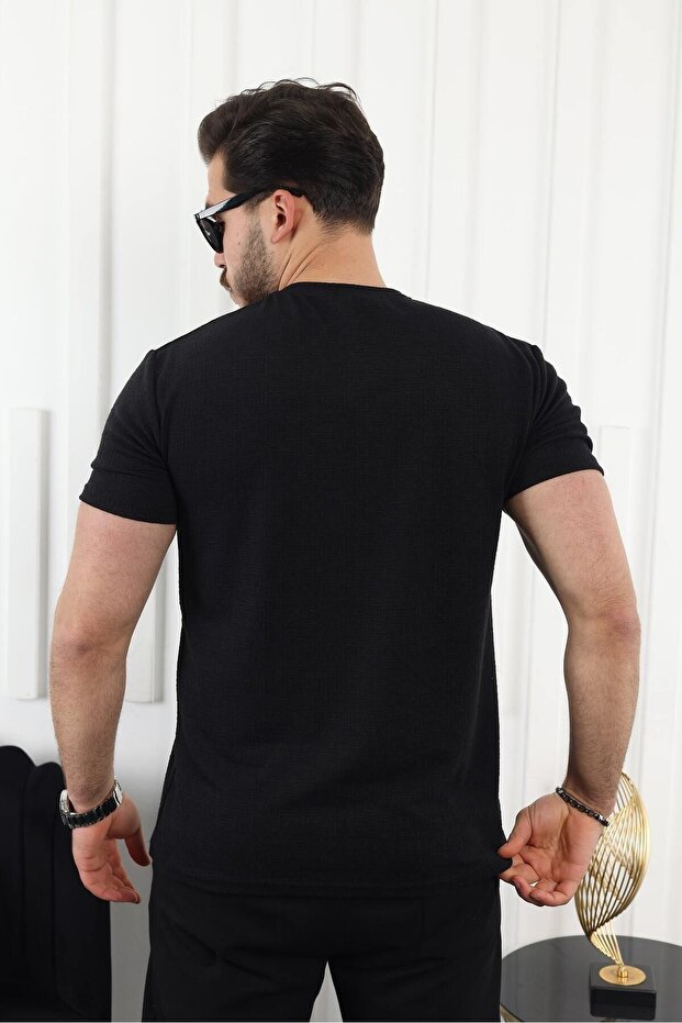 Erkek Desenli Baskı Dar Kısa Kol Basic Siyah Tişört - 4
