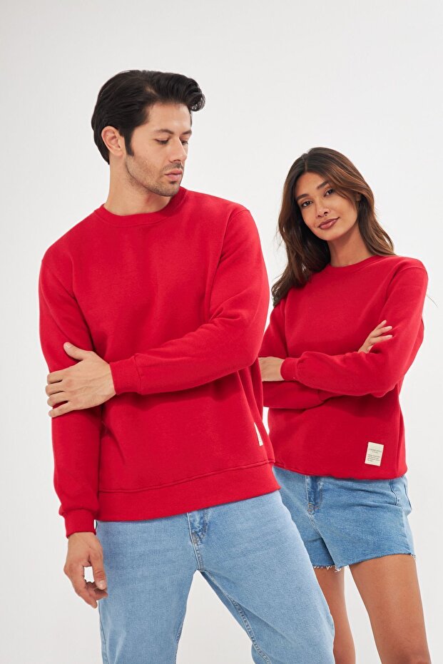 Unisex Basic Bisiklet Yaka Kalın Kışlık Kırmız Sweat - 3