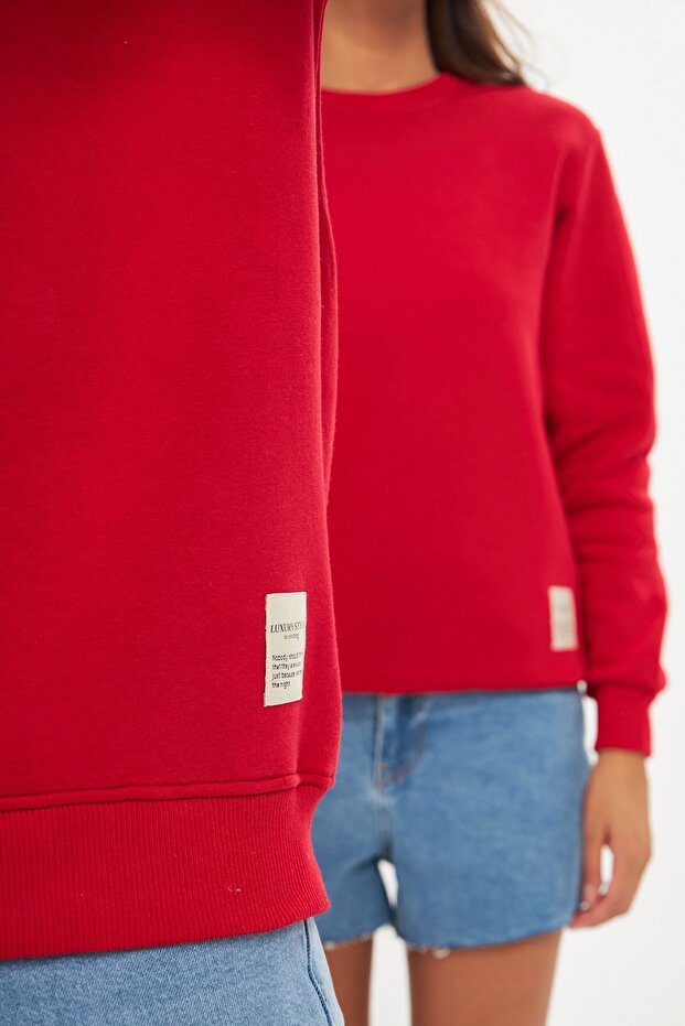 Unisex Basic Bisiklet Yaka Kalın Kışlık Kırmız Sweat - 2